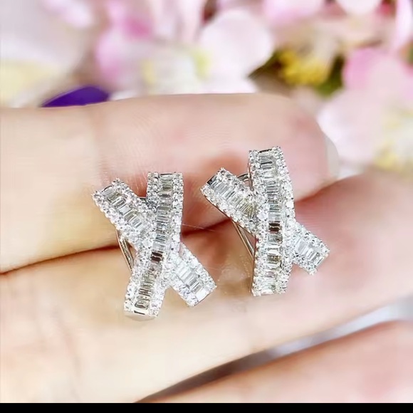 Neiman Marcus 18k White Gold Plated CZ Bagette Crossover Earrings - Picture 2 of 4